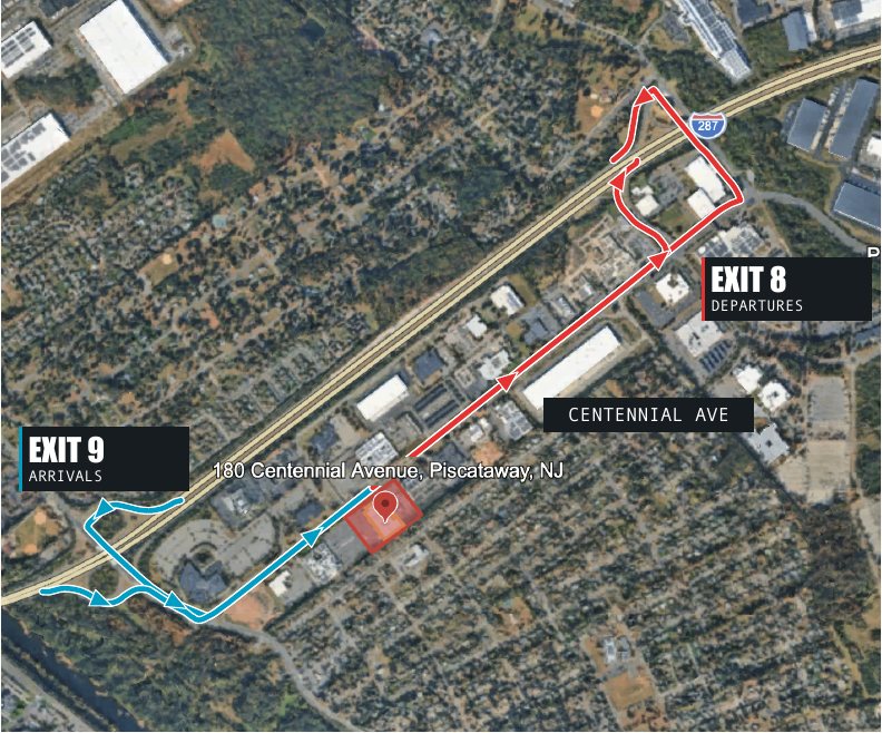 Aerial of the property and I-287 showing departures via Exit 8 in red and arrivals via Exit 9 in blue