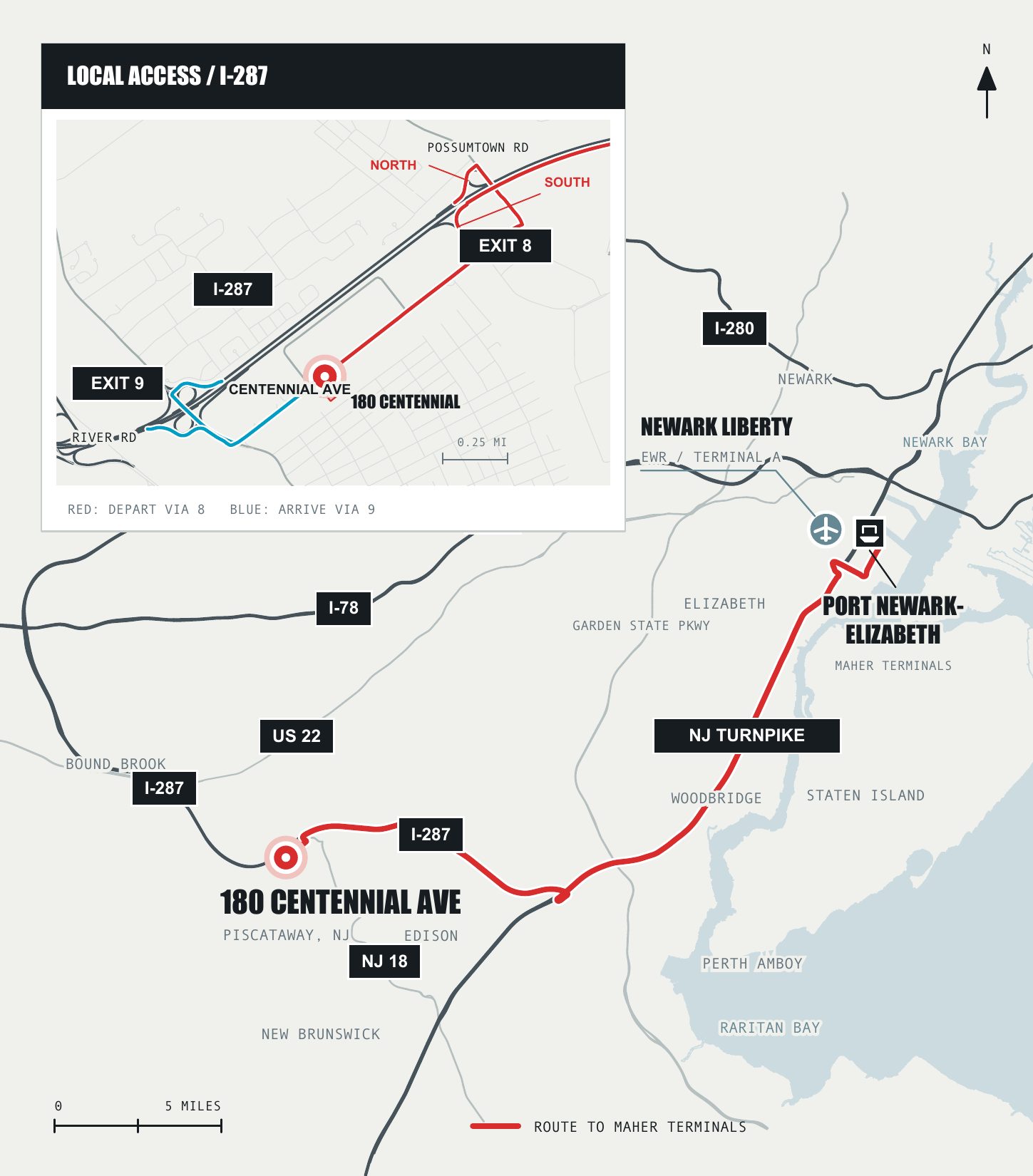 Regional map: 180 Centennial Ave in Piscataway, I-287, I-78, US 22, NJ 18, the NJ Turnpike and the route to Port Newark–Elizabeth